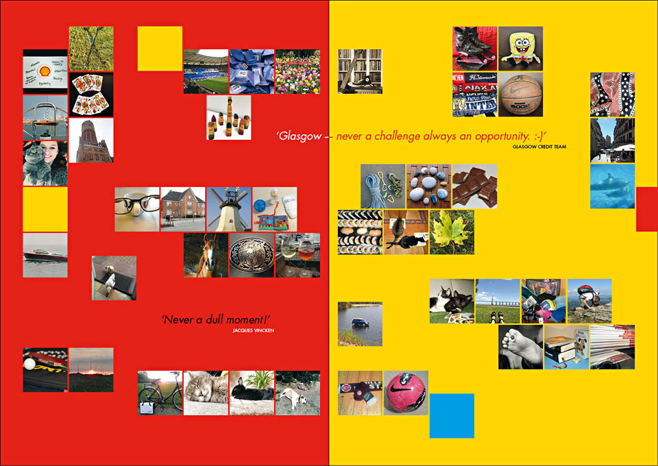 One of the spreads with ‘Signature pictures’ of team members and quotes from teams in ‘Project 435>22>1: My favourite place in my city’ - A project for and by the Shell Europe Africa Credit Team - Privately published in 2013 by Shell Downstream Services International B.V. The Netherlands - Project concept, coordination & graphic design: Erik Cox