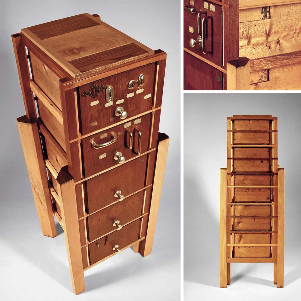 Hybrid Drawers with O.T.T. Furniture Fittings - recycled wood, found legs and drawers, reworked and finished - by Erik Cox