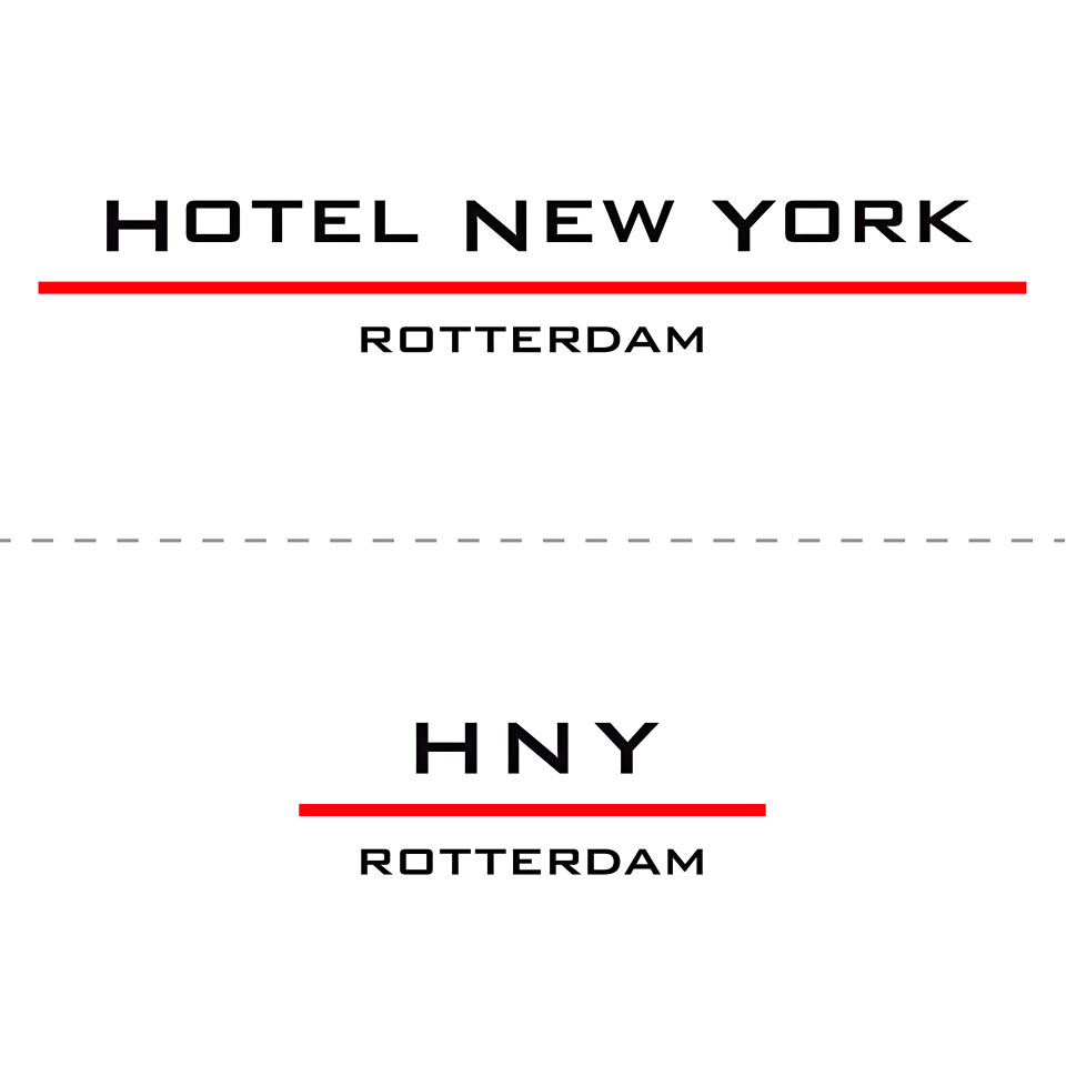 Logo (inclusief een verkorte versie) en huisstijl voor Hotel New York, Rotterdam - Ontwerp van Erik Cox, 1992