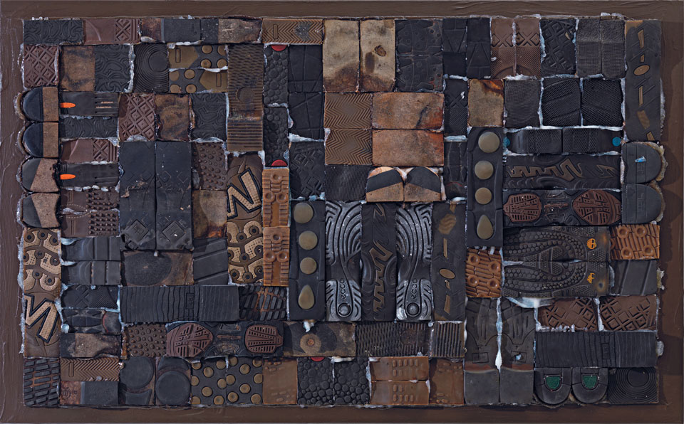 Miles and Miles #7: 34 pairs - acrylic, leather and rubber on linen - by Erik Cox