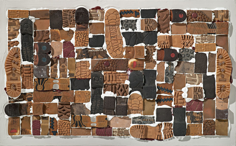 Miles and Miles #9: 29 pairs - acrylic, leather and rubber on linen - by Erik Cox
