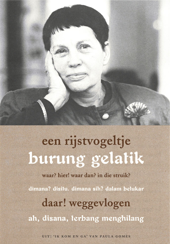Flyer presentatie van het boek ik kom en ga - aku datang dan pergi van Paula Gomes voor Van Stockum, Den Haag - Grafische vormgeving: Erik Cox