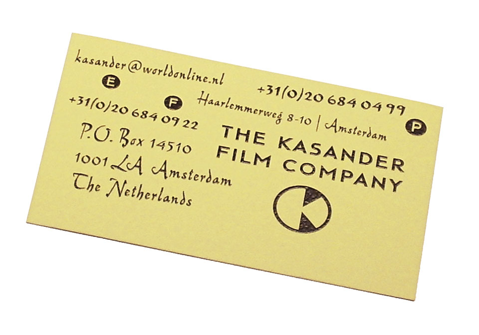 Visitekaartje voor The Kasander Film Company, Amsterdam - Grafische vormgeving: Erik Cox