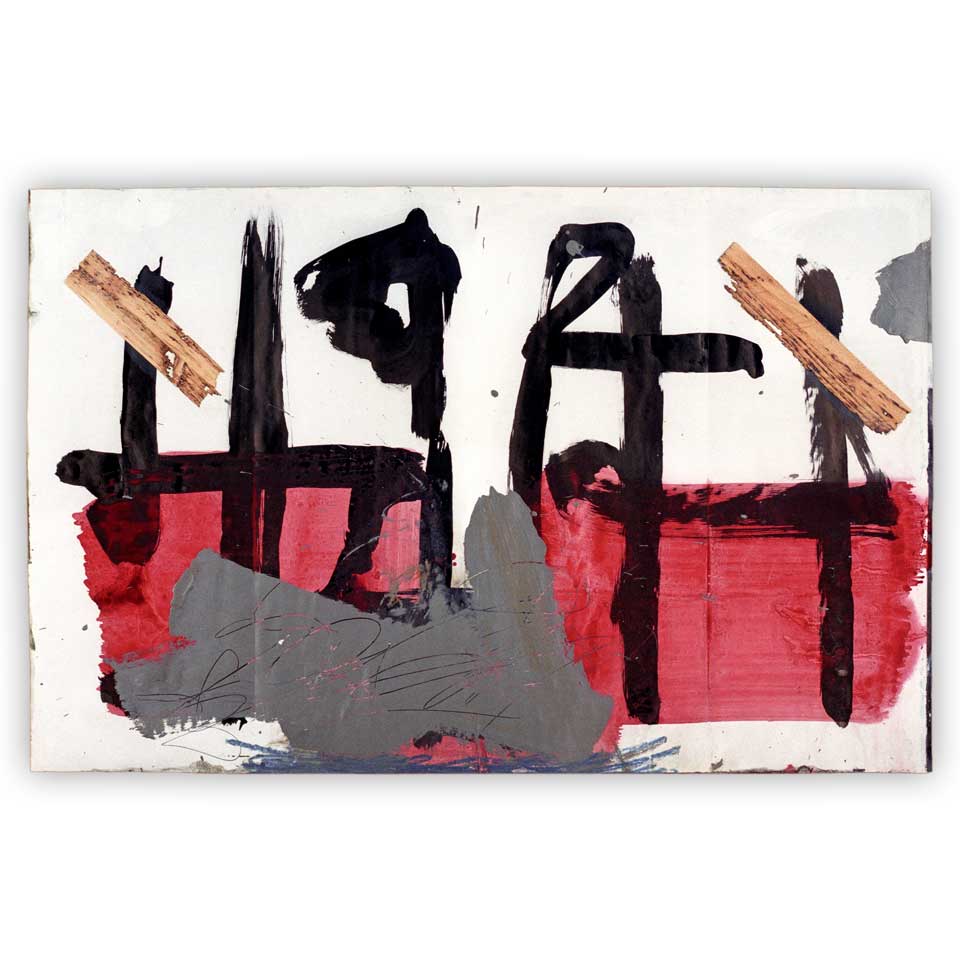 Ditch in Red - acrylic, watercolor, wood, pencil, oil pastel and ink on paper - werk op papier van Erik Cox